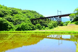 水田にうつる新緑の旧立場川橋梁